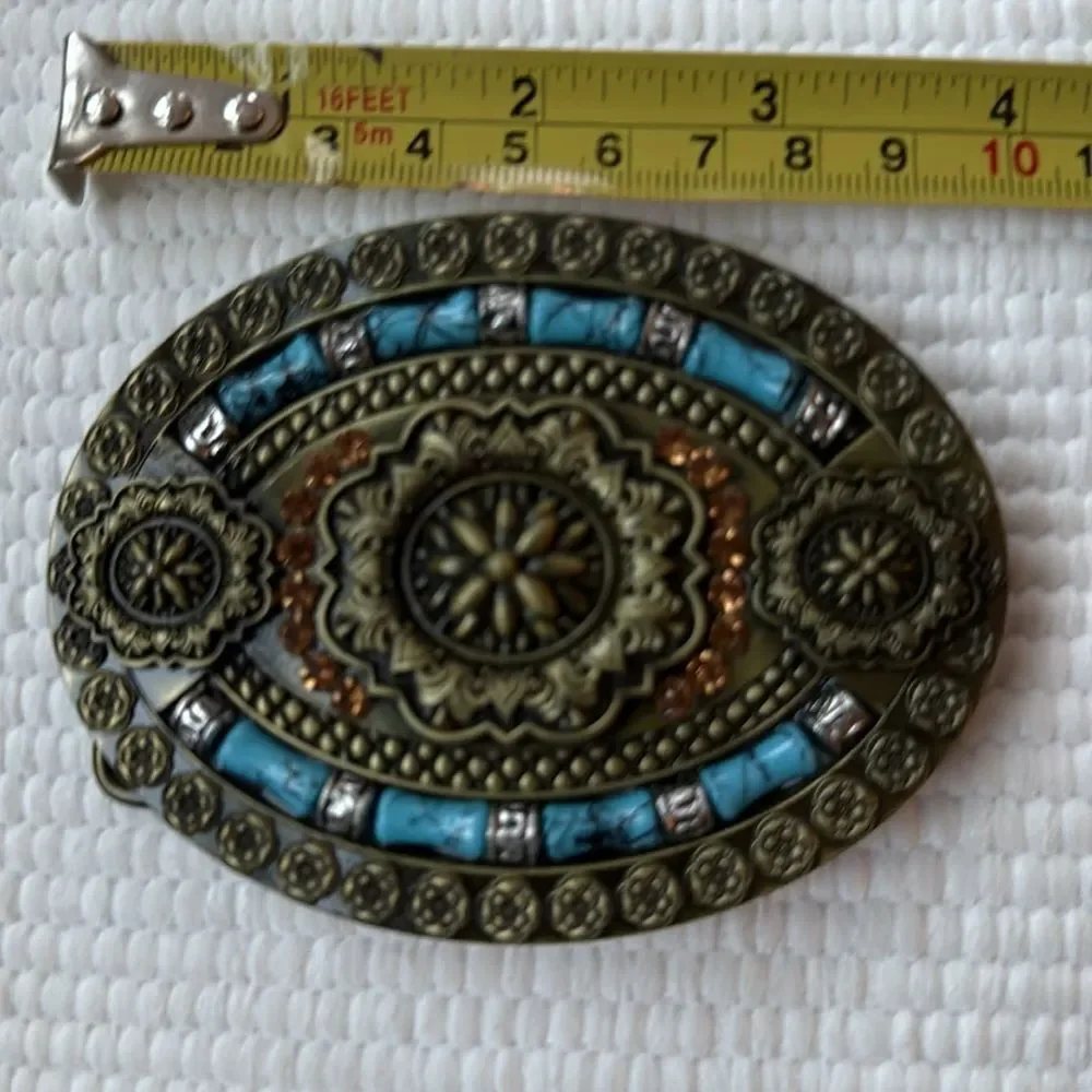 Western Cowboy Style Metal Buckle – Ornate Design with Turquoise Accents